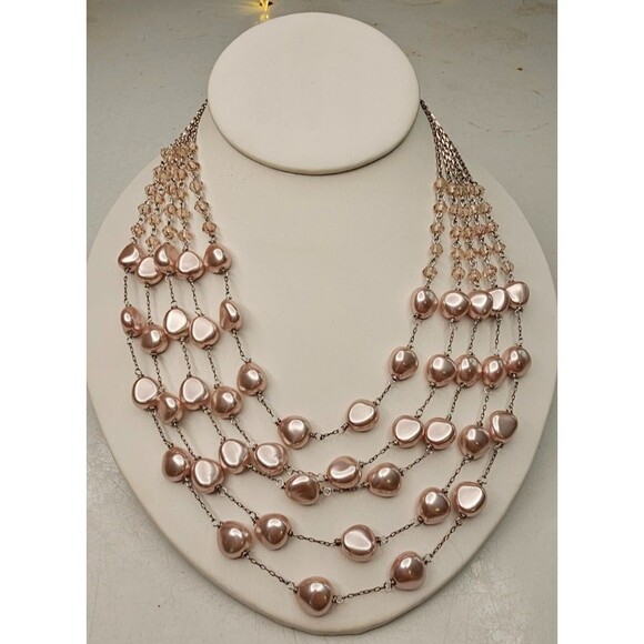 Multi Strand Pink Faux Pearl Silver Chain Beaded Layered Necklace 16" Adjustable - Picture 2 of 7